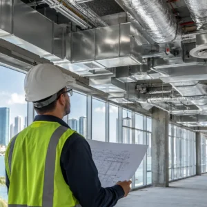 Commercial construction professional inspecting HVAC ductwork and mechanical systems in a Miami building