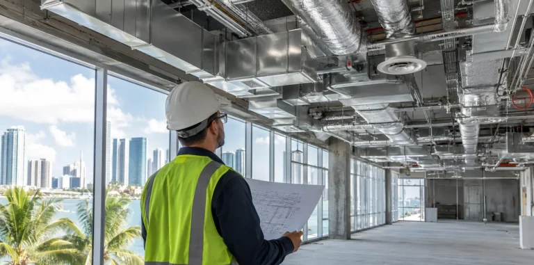 Commercial construction professional inspecting HVAC ductwork and mechanical systems in a Miami building