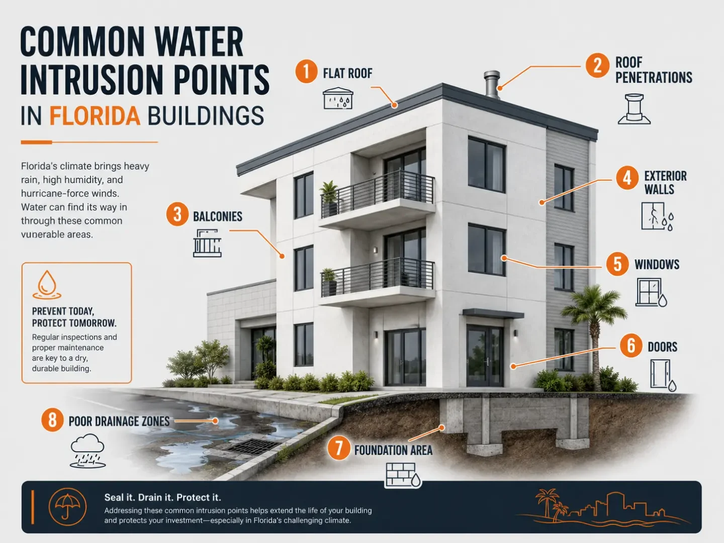 Common water intrusion points in Florida buildings infographic showing roof, balcony, window, door, wall, foundation, and drainage risk areas