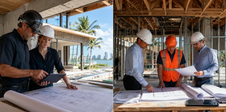 Professional construction team reviewing design-build plans at a South Florida jobsite