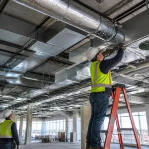 SWC Builders technician inspecting mechanical systems and ductwork inside a commercial building