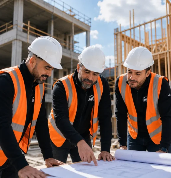 SWC Builders leadership team reviewing construction plans at an active job site