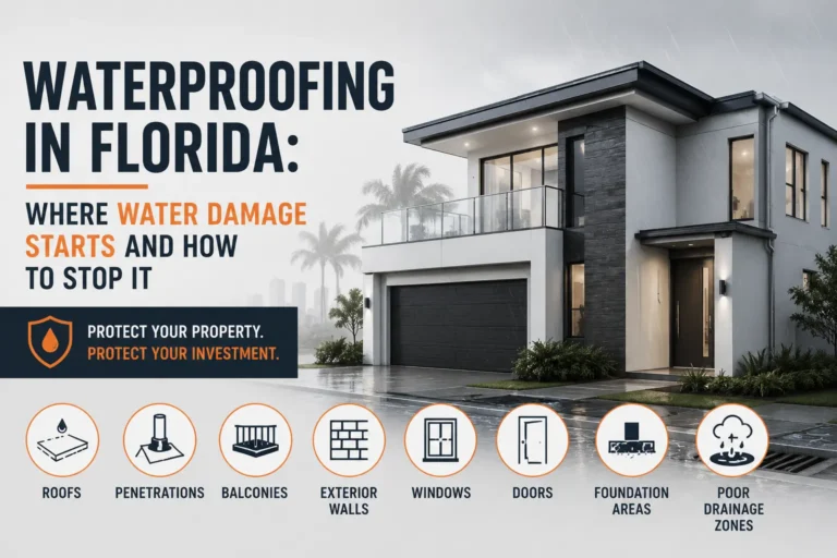 Modern Florida home protected against rain and water intrusion with waterproofing icons
